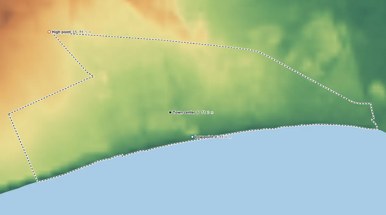 Topographic elevation map of Potala Pastillo, Puerto Rico, shaded from sea level level on the Mar Caribe to 15 ft on the northwest side