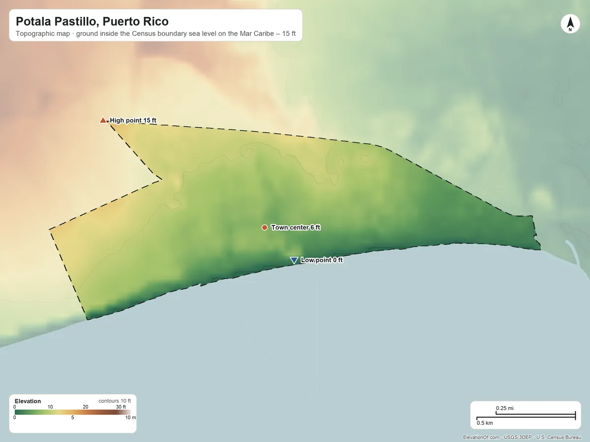 Topographic elevation map of Potala Pastillo, Puerto Rico, shaded from sea level level on the Mar Caribe to 15 ft on the northwest side