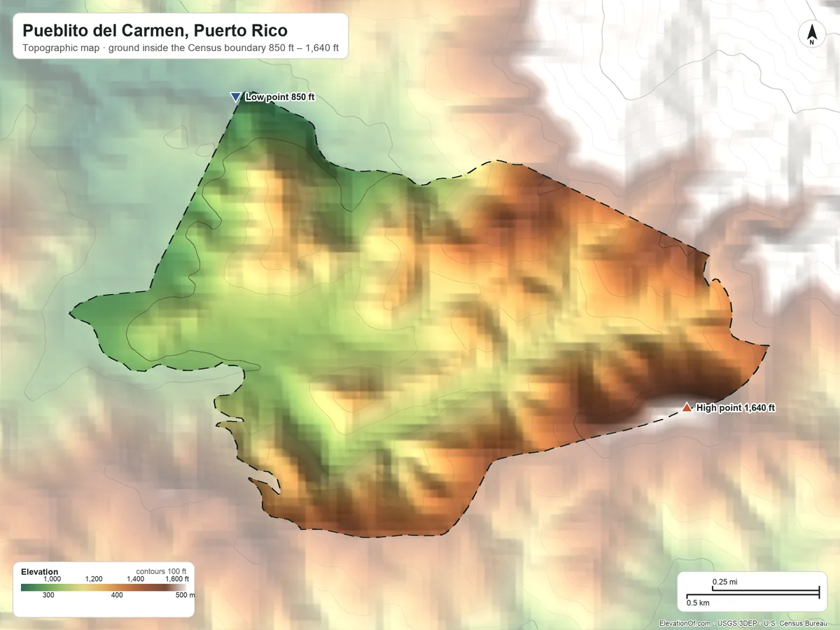 Topographic elevation map of Pueblito del Carmen, Puerto Rico, shaded from 850 ft on the northwest side to 1,640 ft at the foot of the Sierra de Jájome