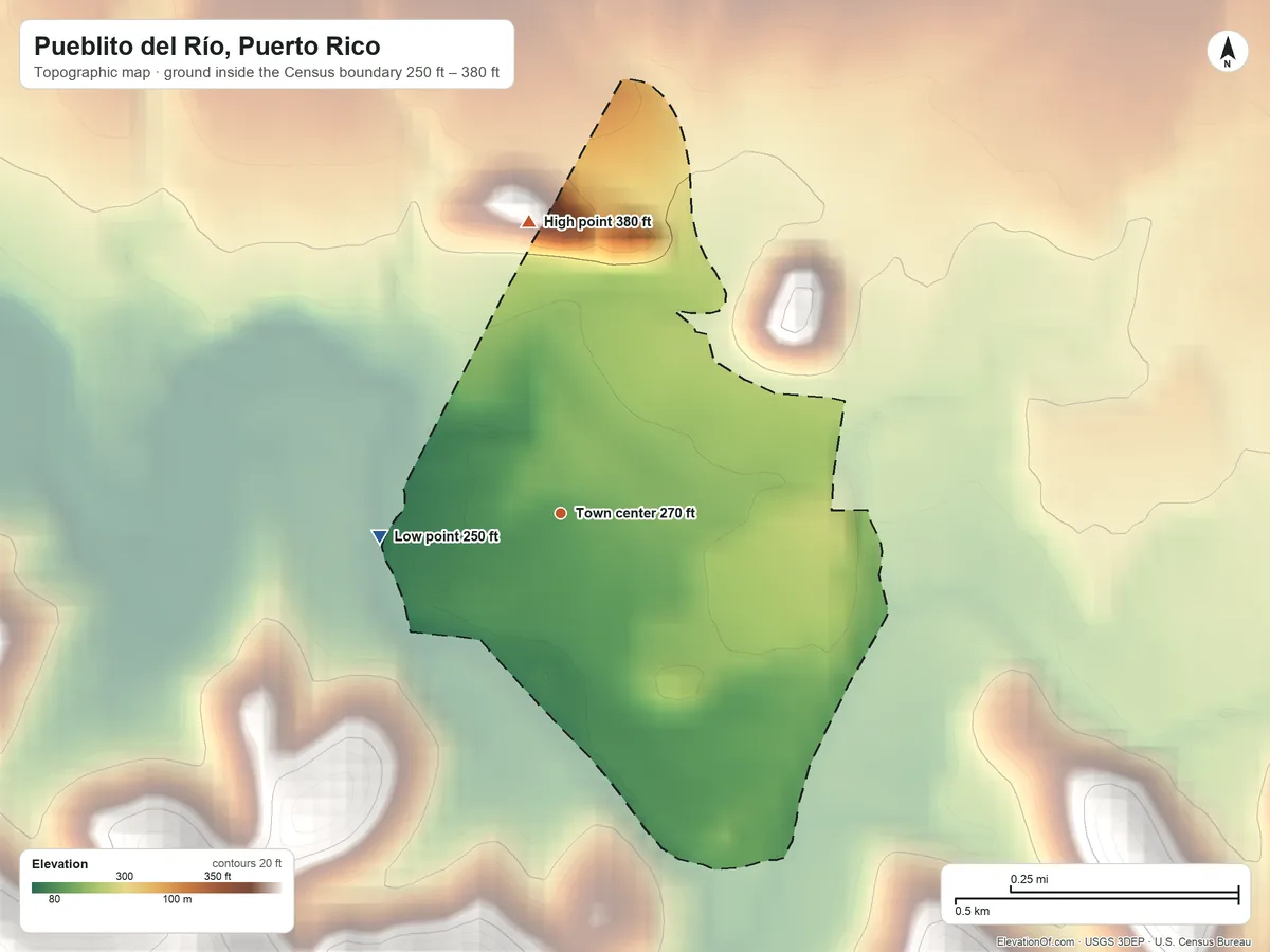 Topographic elevation map of Pueblito del Río, Puerto Rico, shaded from 250 ft on the west side to 380 ft at the foot of the Sierra de Luquillo