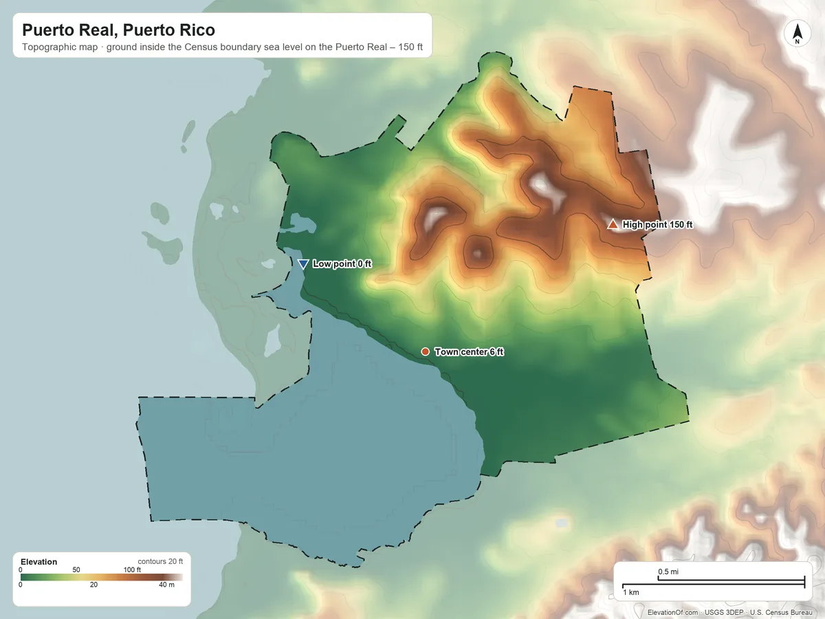 Topographic elevation map of Puerto Real, Puerto Rico, shaded from sea level level on the Puerto Real to 150 ft at the foot of the Cordillera Sabana Alta