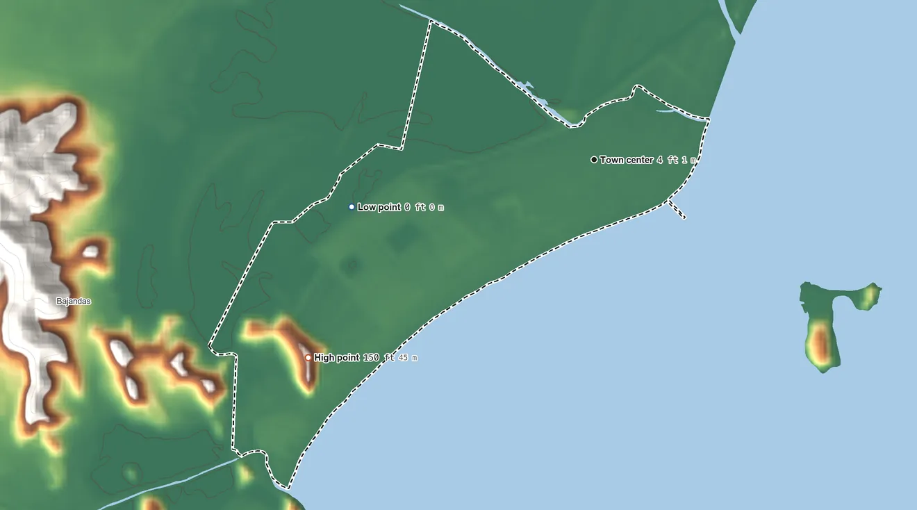 Topographic elevation map of Punta Santiago, Puerto Rico, shaded from sea level level on the Mar Caribe to 150 ft at the foot of the Sierra de Luquillo