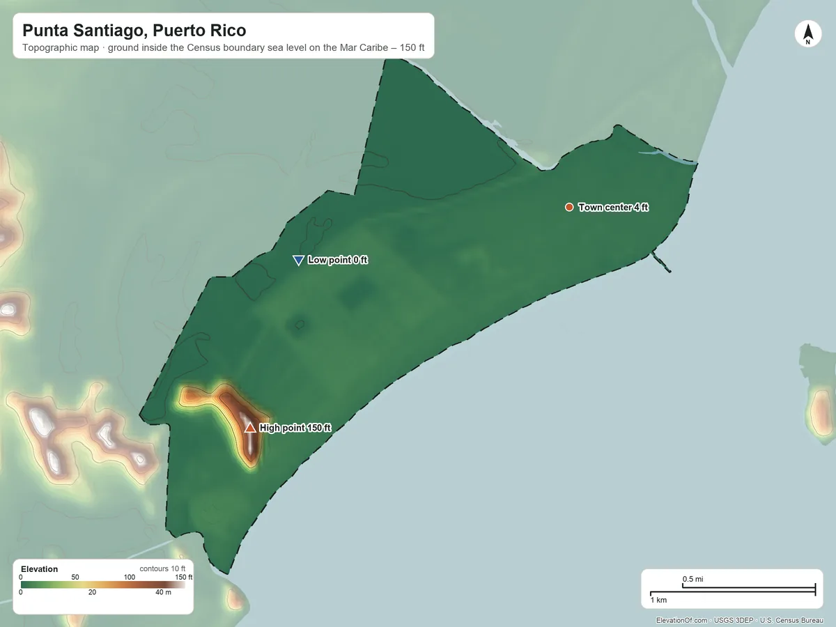 Topographic elevation map of Punta Santiago, Puerto Rico, shaded from sea level level on the Mar Caribe to 150 ft at the foot of the Sierra de Luquillo