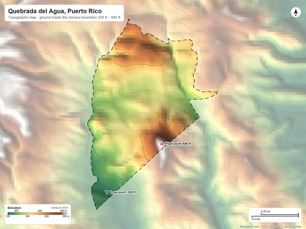 Topographic elevation map of Quebrada del Agua, Puerto Rico, shaded from 330 ft on the south side to 840 ft at the foot of the Montes de Barina