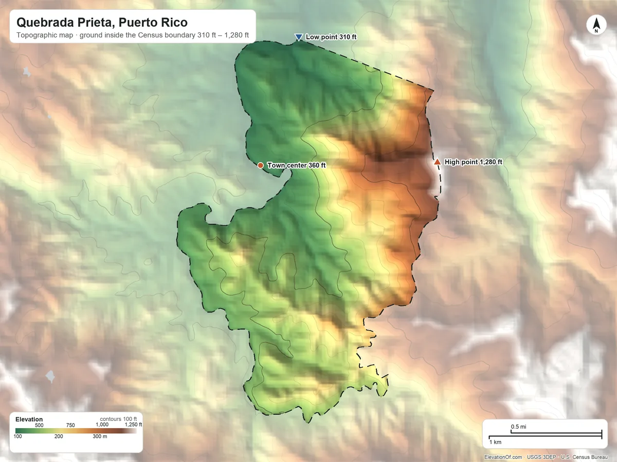 Topographic elevation map of Quebrada Prieta, Puerto Rico, shaded from 310 ft on the north side to 1,280 ft at the foot of the Sierra de Luquillo