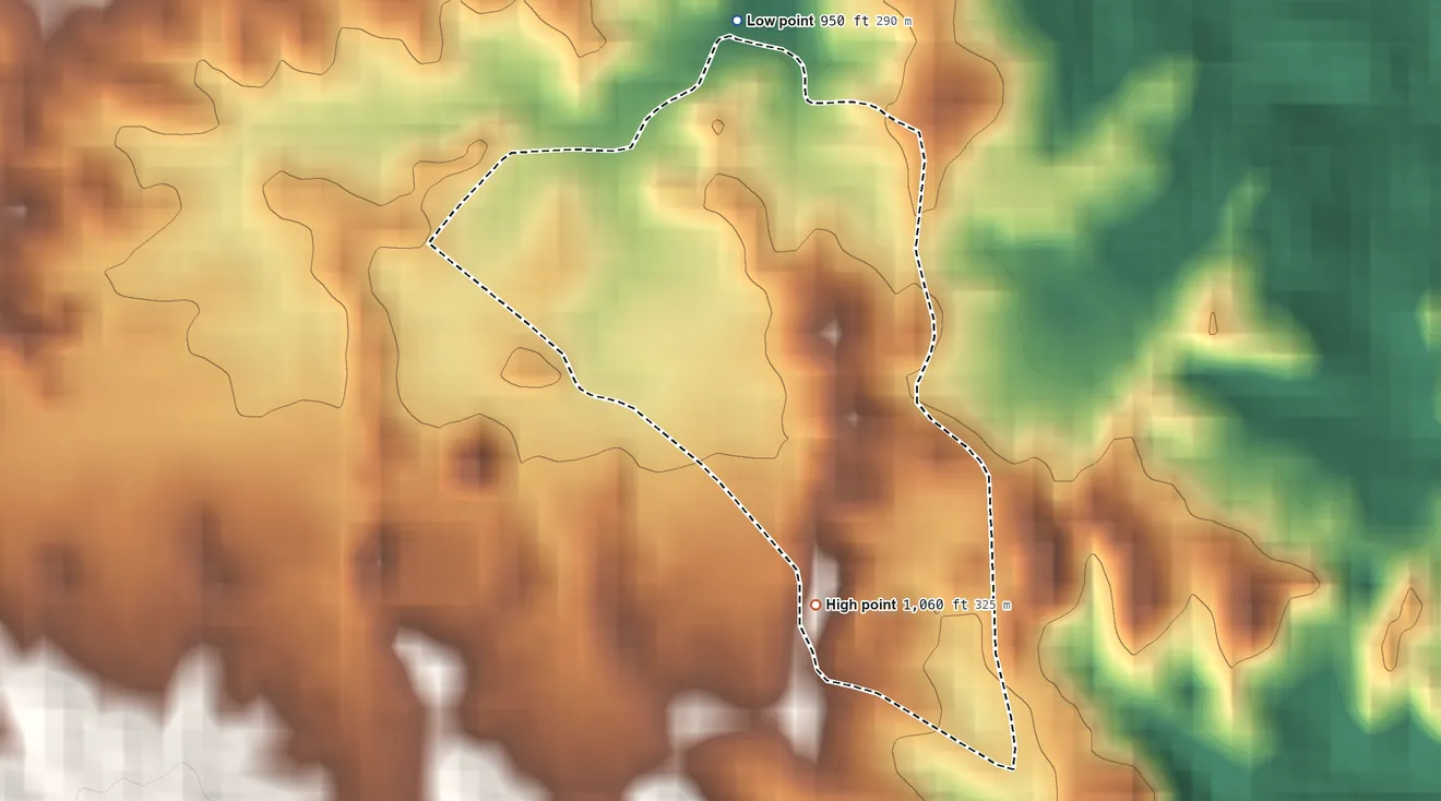 Topographic elevation map of Quebrada, Puerto Rico, shaded from 950 ft on the north side to 1,060 ft on the south side