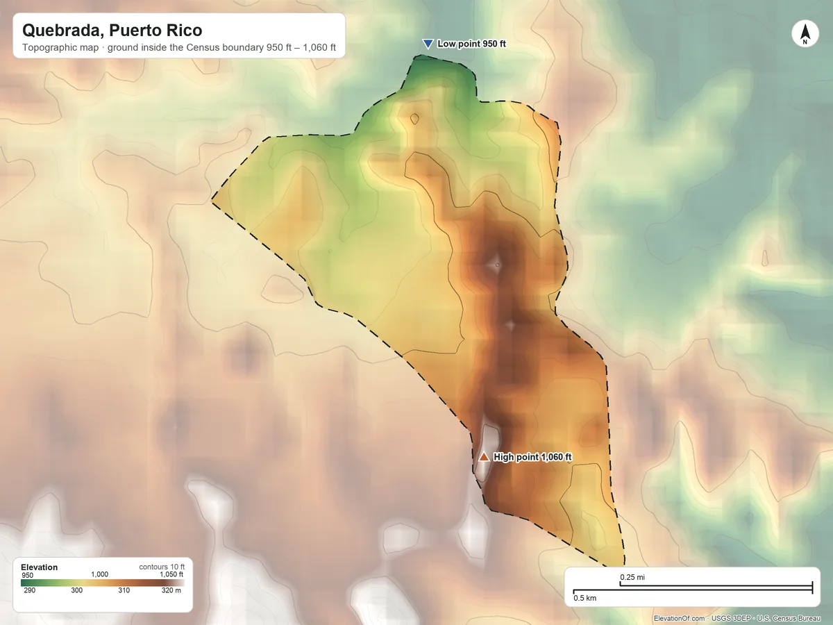 Topographic elevation map of Quebrada, Puerto Rico, shaded from 950 ft on the north side to 1,060 ft on the south side