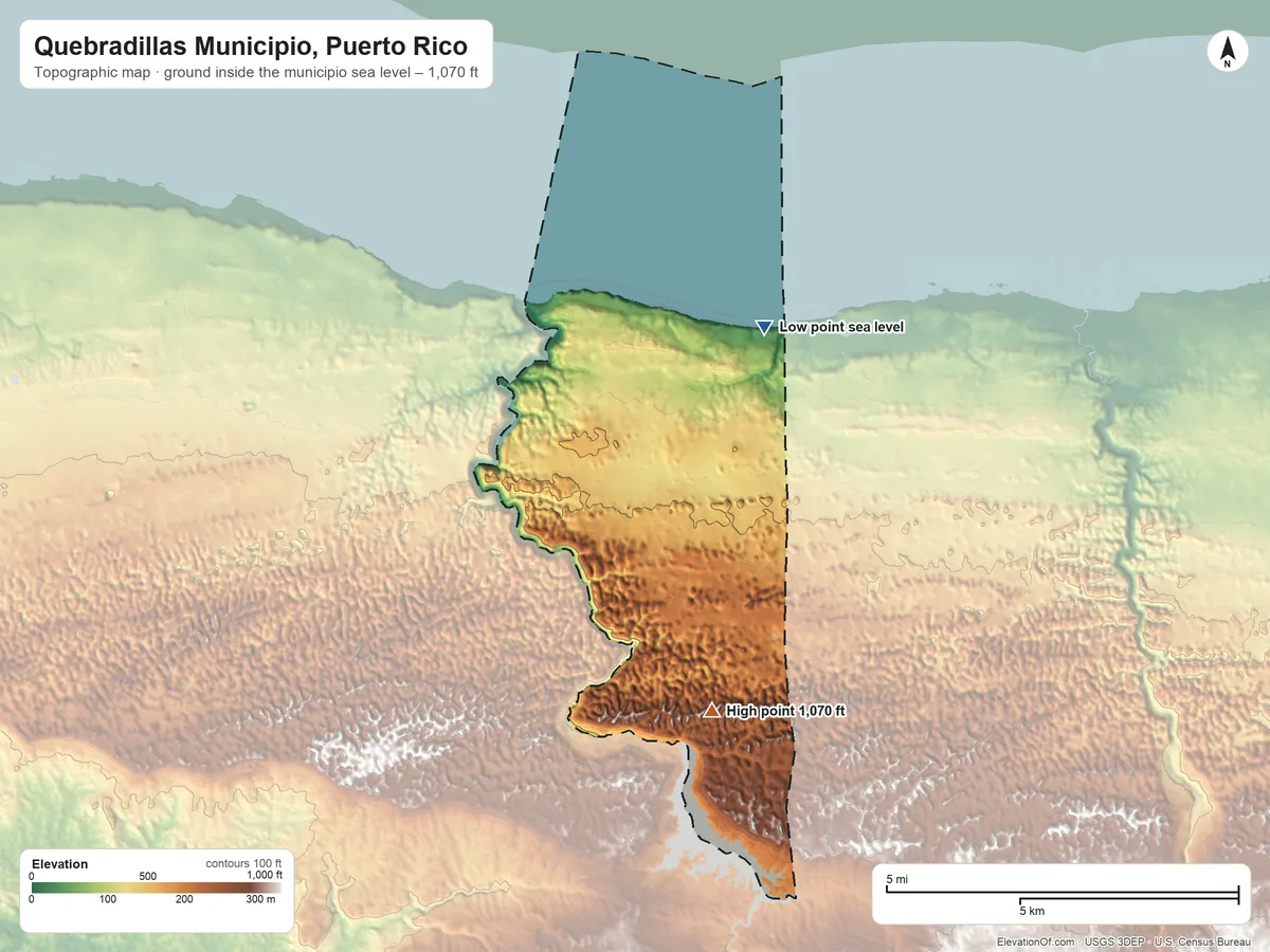 Topographic elevation map of Quebradillas Municipio, Puerto Rico, shaded from sea level on the Océano Atlántico to 1,070 ft on the south side