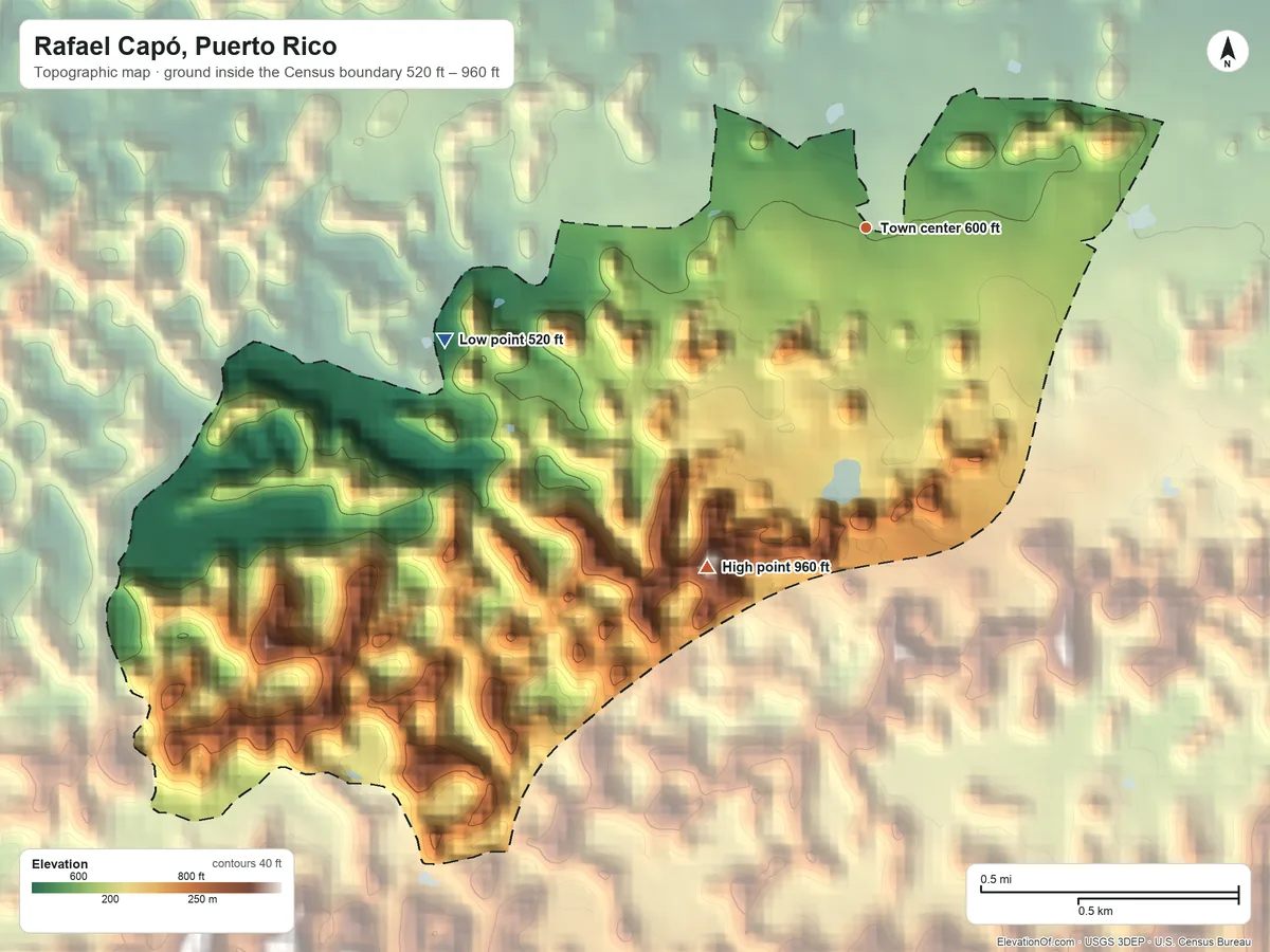 Topographic elevation map of Rafael Capó, Puerto Rico, shaded from 520 ft on the west side to 960 ft on the southwest side