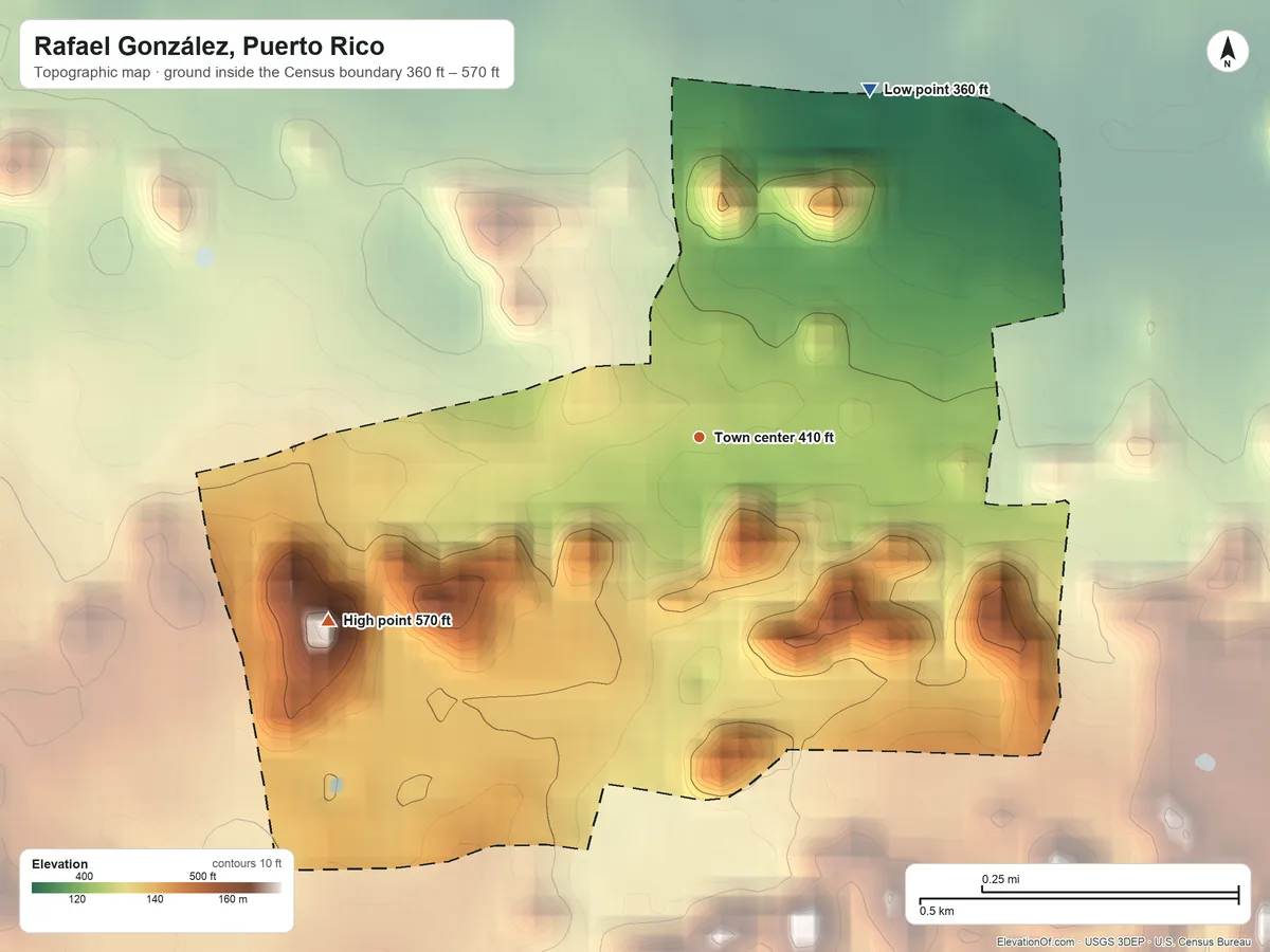 Topographic elevation map of Rafael González, Puerto Rico, shaded from 360 ft on the northeast side to 570 ft on the southwest side
