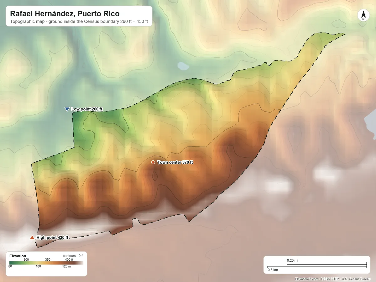 Topographic elevation map of Rafael Hernández, Puerto Rico, shaded from 260 ft on the northwest side to 430 ft on the southwest side