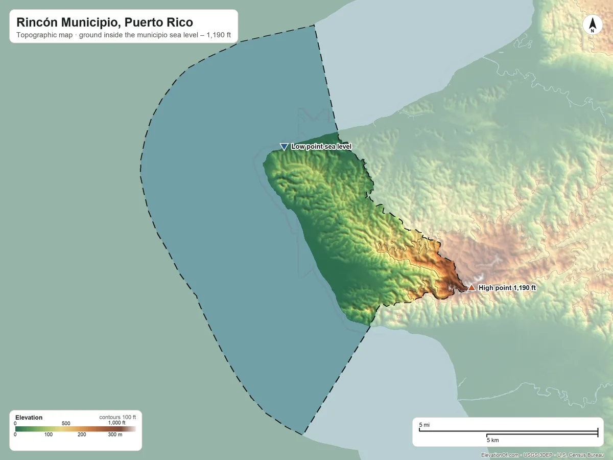 Topographic elevation map of Rincón Municipio, Puerto Rico, shaded from sea level on the Océano Atlántico to 1,190 ft on Cerro Canta Gallo