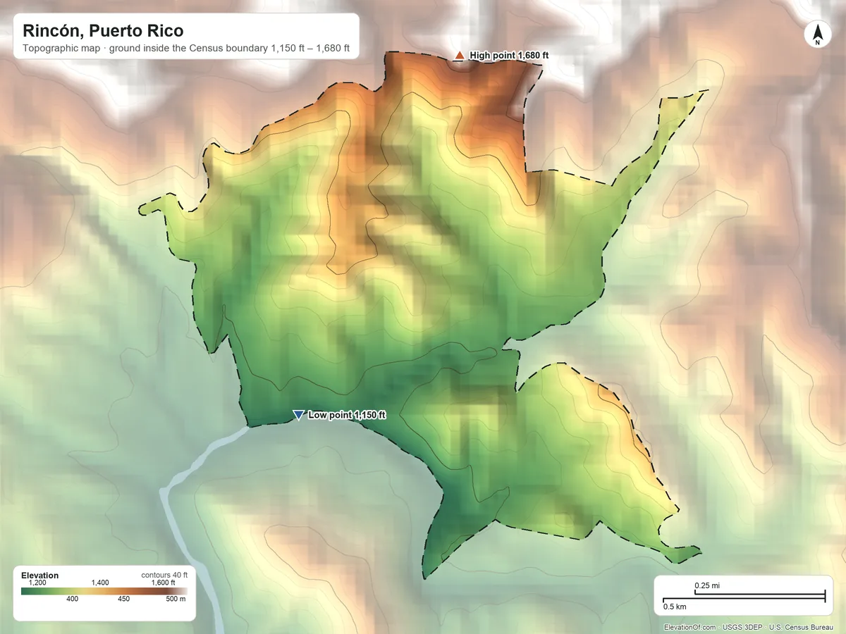 Topographic elevation map of Rincón, Puerto Rico, shaded from 1,150 ft on the southwest side to 1,680 ft on the north side