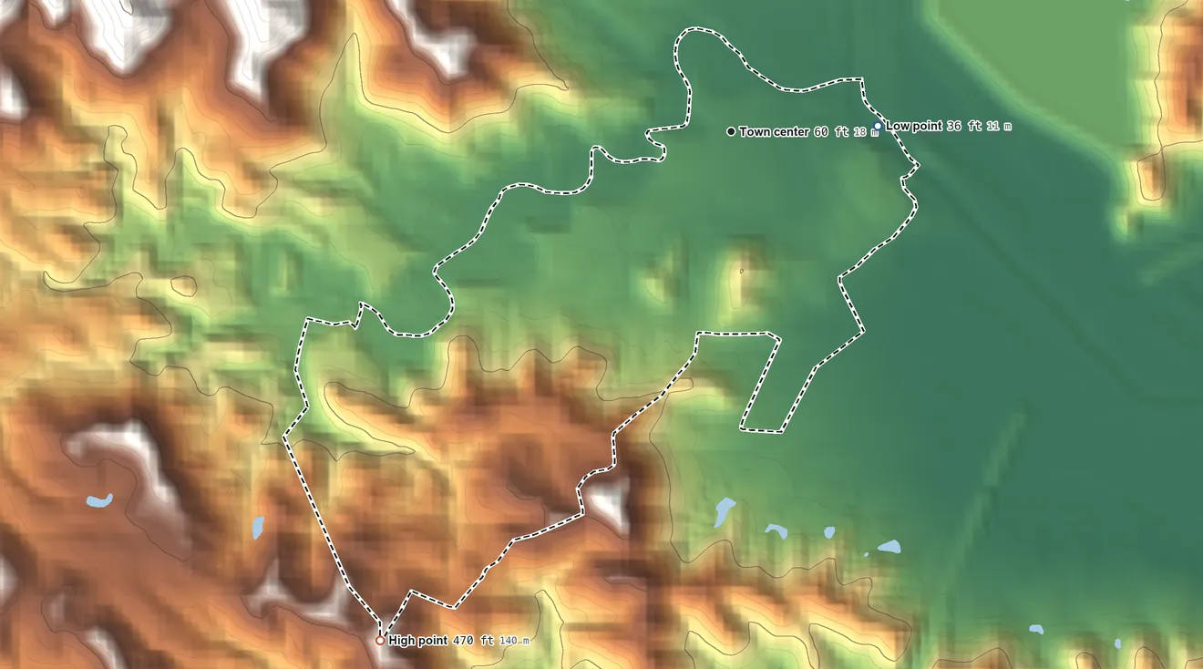 Topographic elevation map of Río Blanco, Puerto Rico, shaded from 36 ft on the east side to 470 ft at the foot of the Sierra de Luquillo