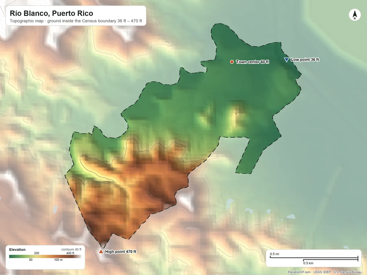 Topographic elevation map of Río Blanco, Puerto Rico, shaded from 36 ft on the east side to 470 ft at the foot of the Sierra de Luquillo