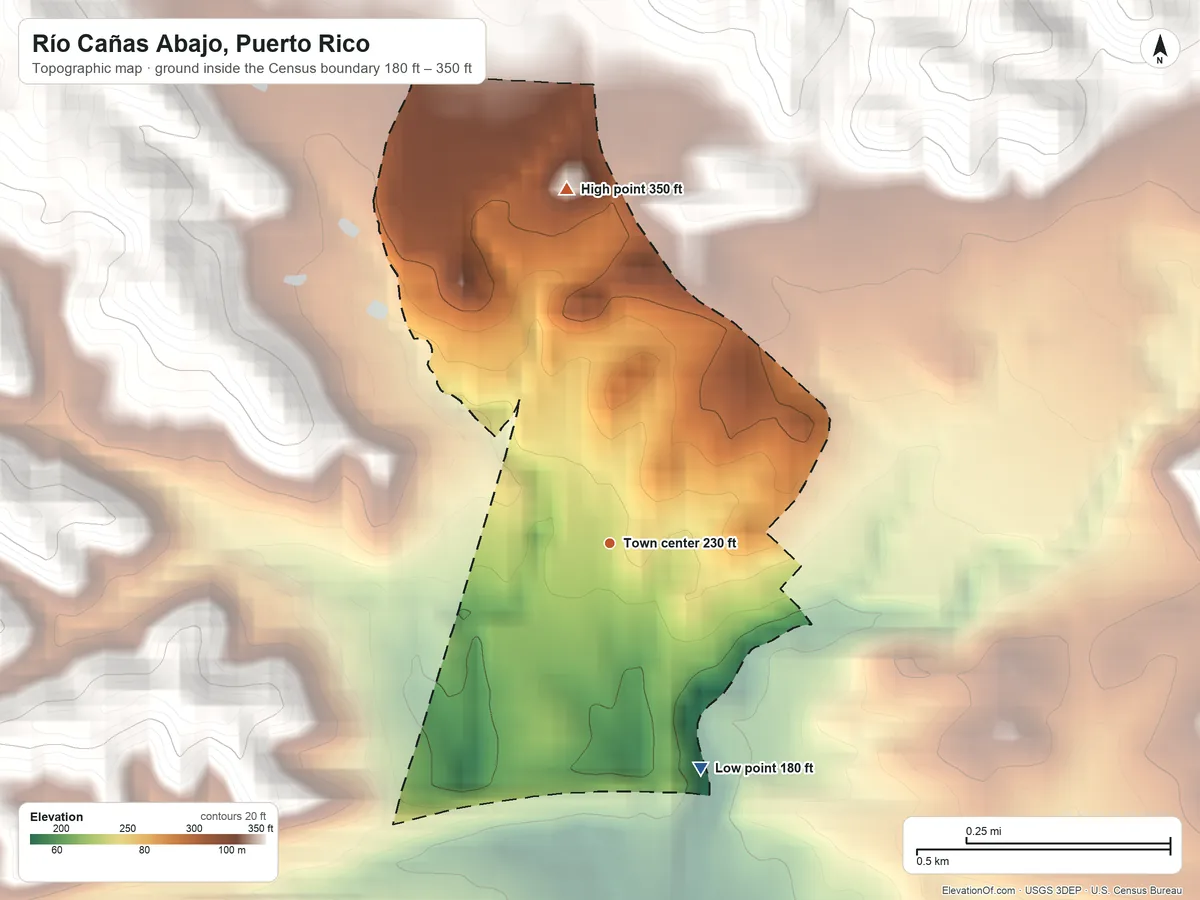 Topographic elevation map of Río Cañas Abajo, Puerto Rico, shaded from 180 ft on the south side to 350 ft at the foot of the Cordillera Central