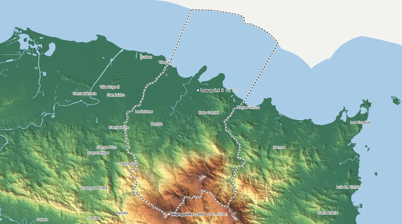 Topographic elevation map of Río Grande Municipio, Puerto Rico, shaded from sea level on the Ensenada Comezón to 3,480 ft on El Toro