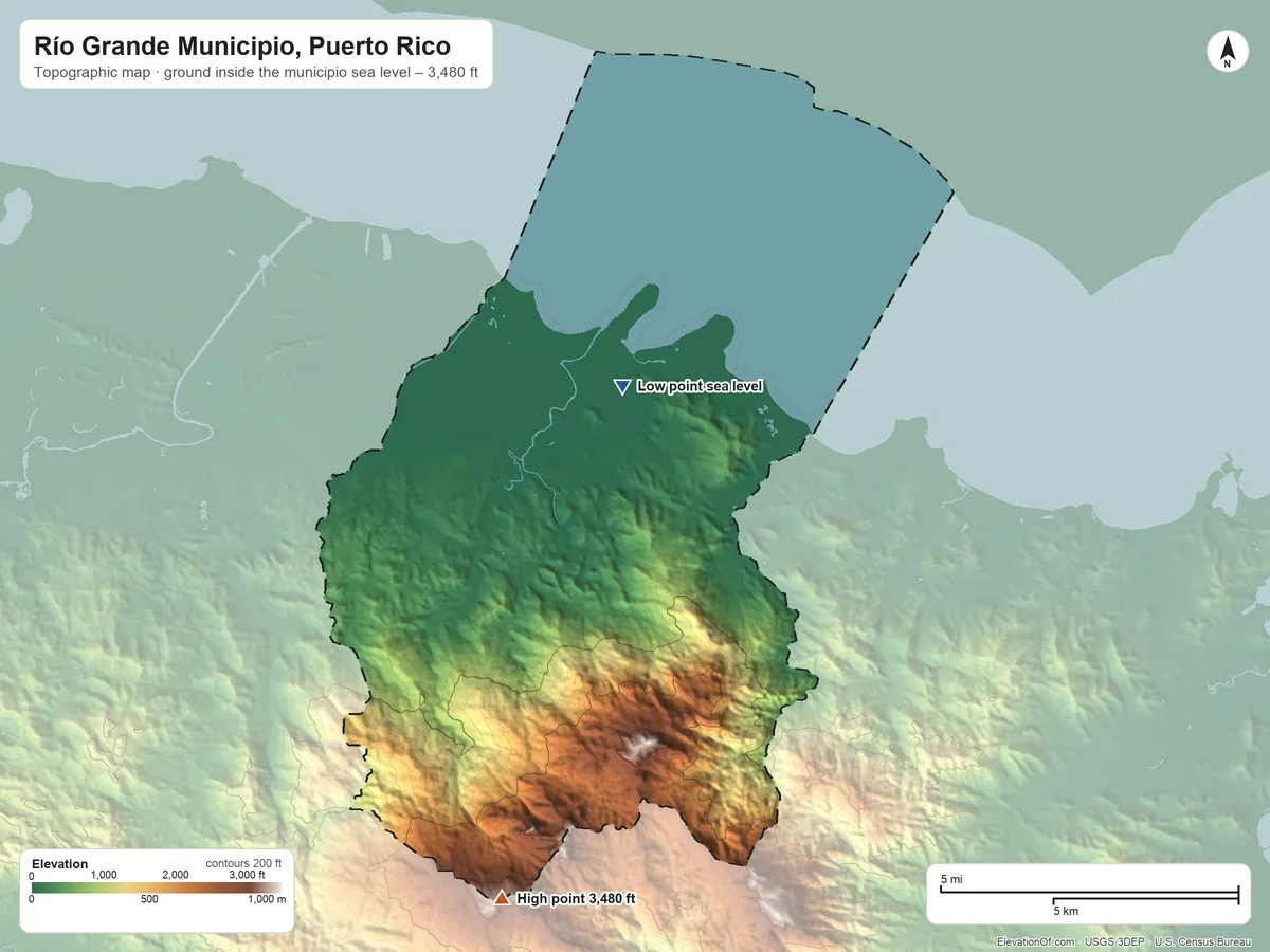 Topographic elevation map of Río Grande Municipio, Puerto Rico, shaded from sea level on the Ensenada Comezón to 3,480 ft on El Toro
