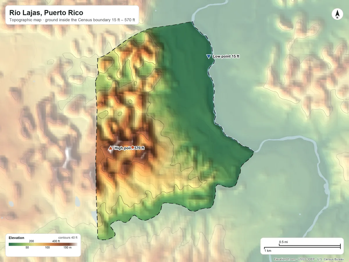 Topographic elevation map of Río Lajas, Puerto Rico, shaded from 15 ft on the northeast side to 570 ft near the middle