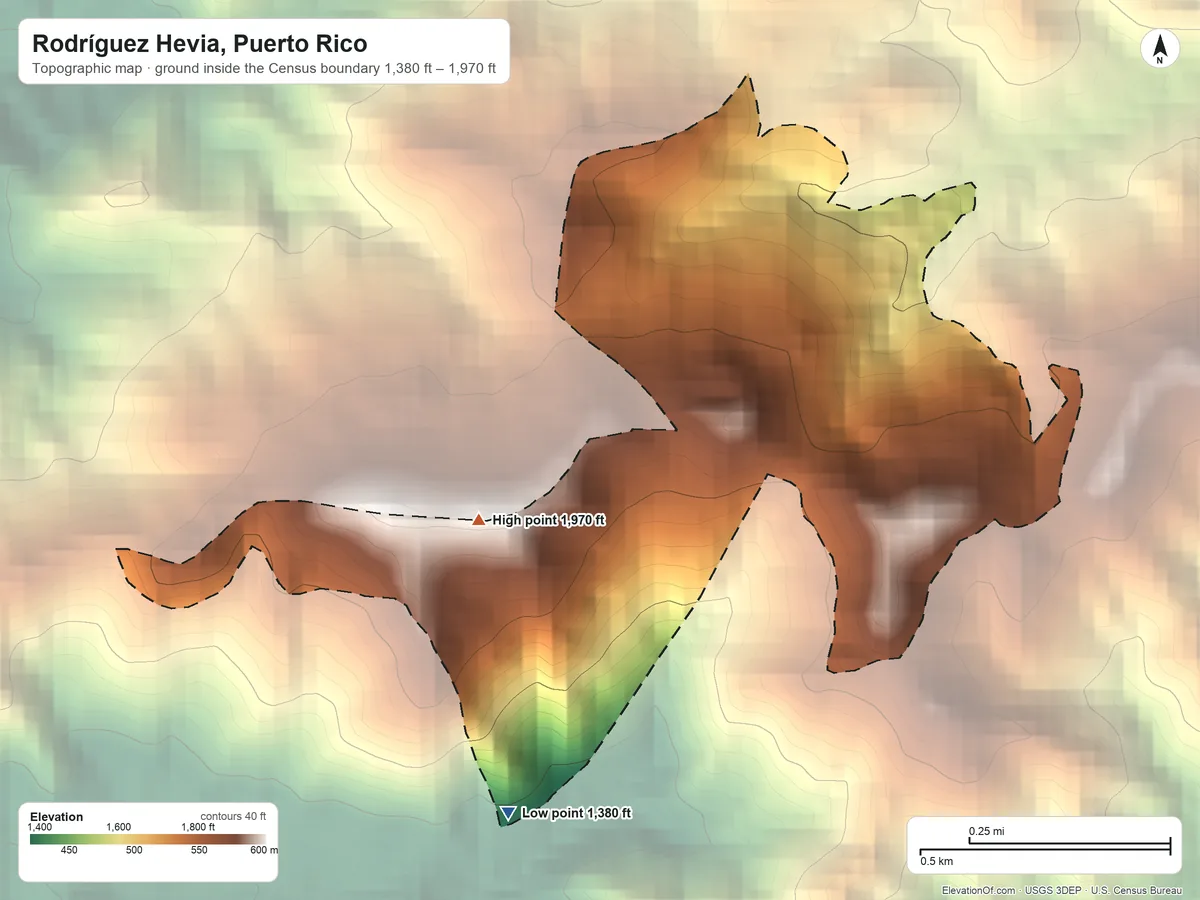 Topographic elevation map of Rodríguez Hevia, Puerto Rico, shaded from 1,380 ft on the south side to 1,970 ft on the southwest side