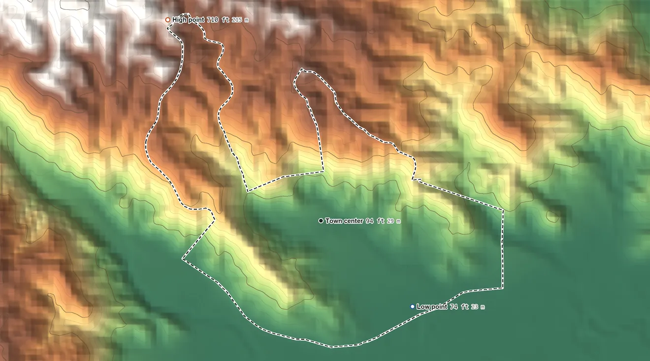 Topographic elevation map of Rosa Sánchez, Puerto Rico, shaded from 74 ft on the southeast side to 710 ft at the foot of the Sierra de Guardarraya