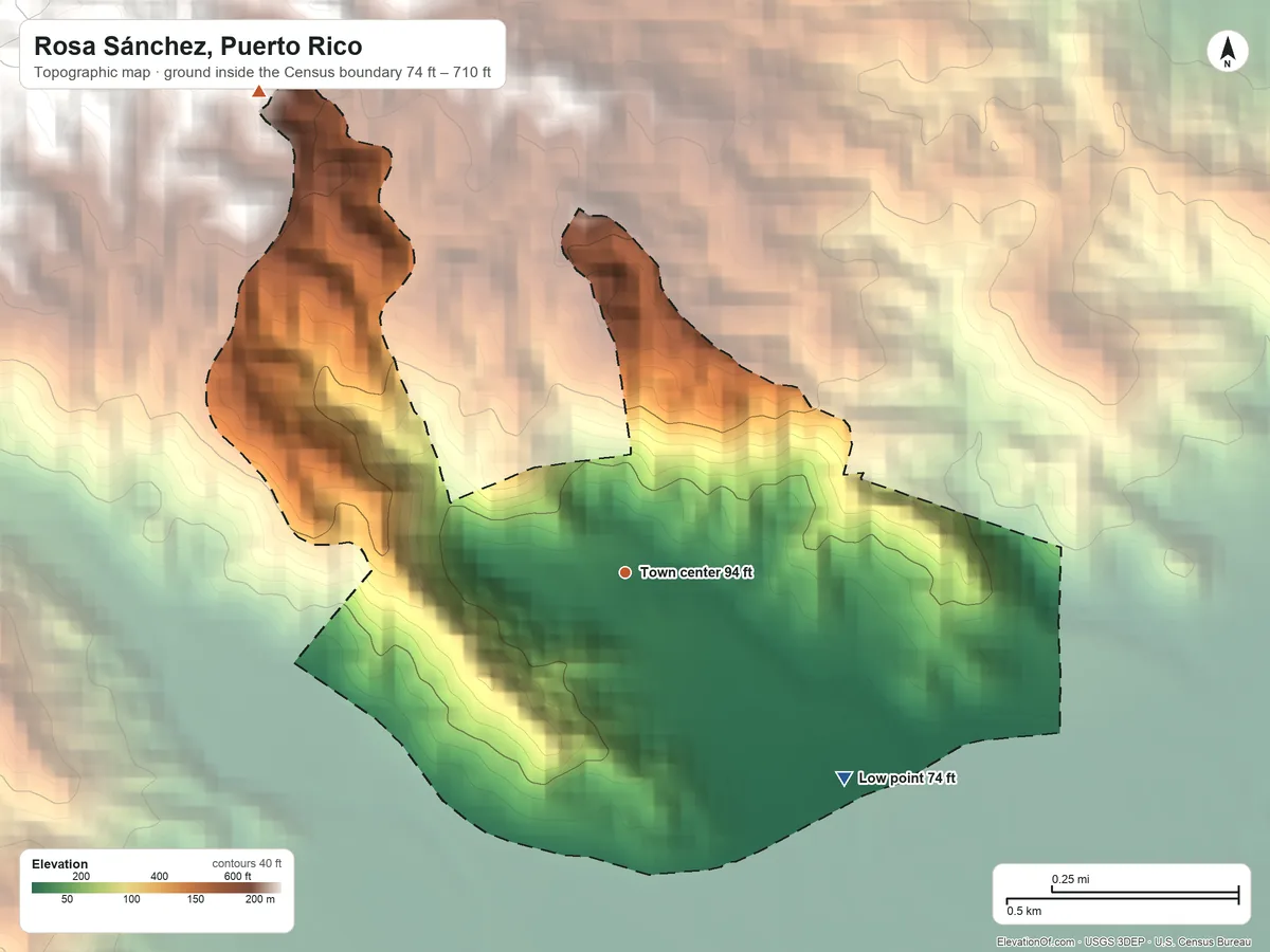 Topographic elevation map of Rosa Sánchez, Puerto Rico, shaded from 74 ft on the southeast side to 710 ft at the foot of the Sierra de Guardarraya