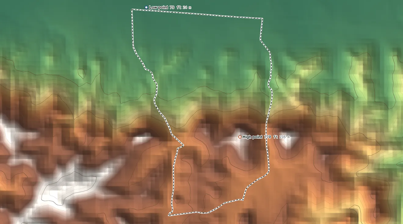 Topographic elevation map of Sabana Eneas, Puerto Rico, shaded from 79 ft on the northwest side to 770 ft on the southeast side