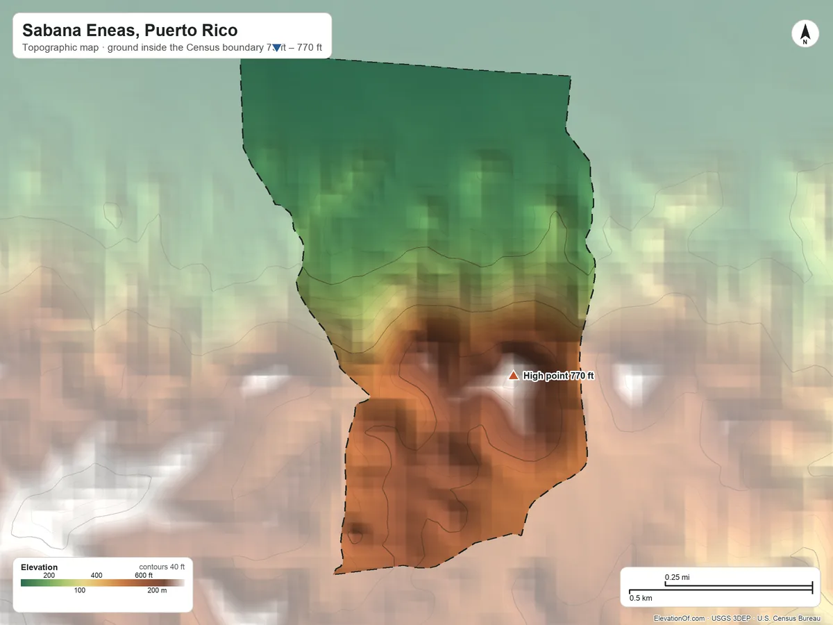 Topographic elevation map of Sabana Eneas, Puerto Rico, shaded from 79 ft on the northwest side to 770 ft on the southeast side
