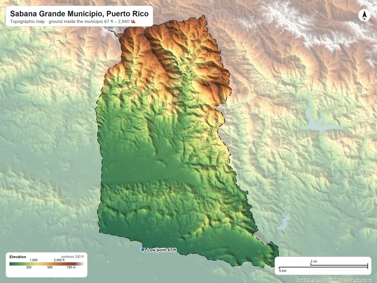 Topographic elevation map of Sabana Grande Municipio, Puerto Rico, shaded from 67 ft on the southwest side to 2,940 ft on Pico Santa Ana