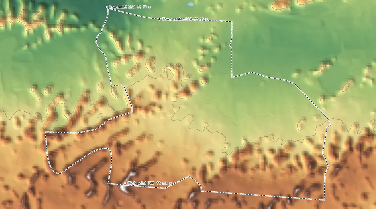 Topographic elevation map of Sabana Hoyos, Puerto Rico, shaded from 230 ft on the west side to 700 ft on the south side