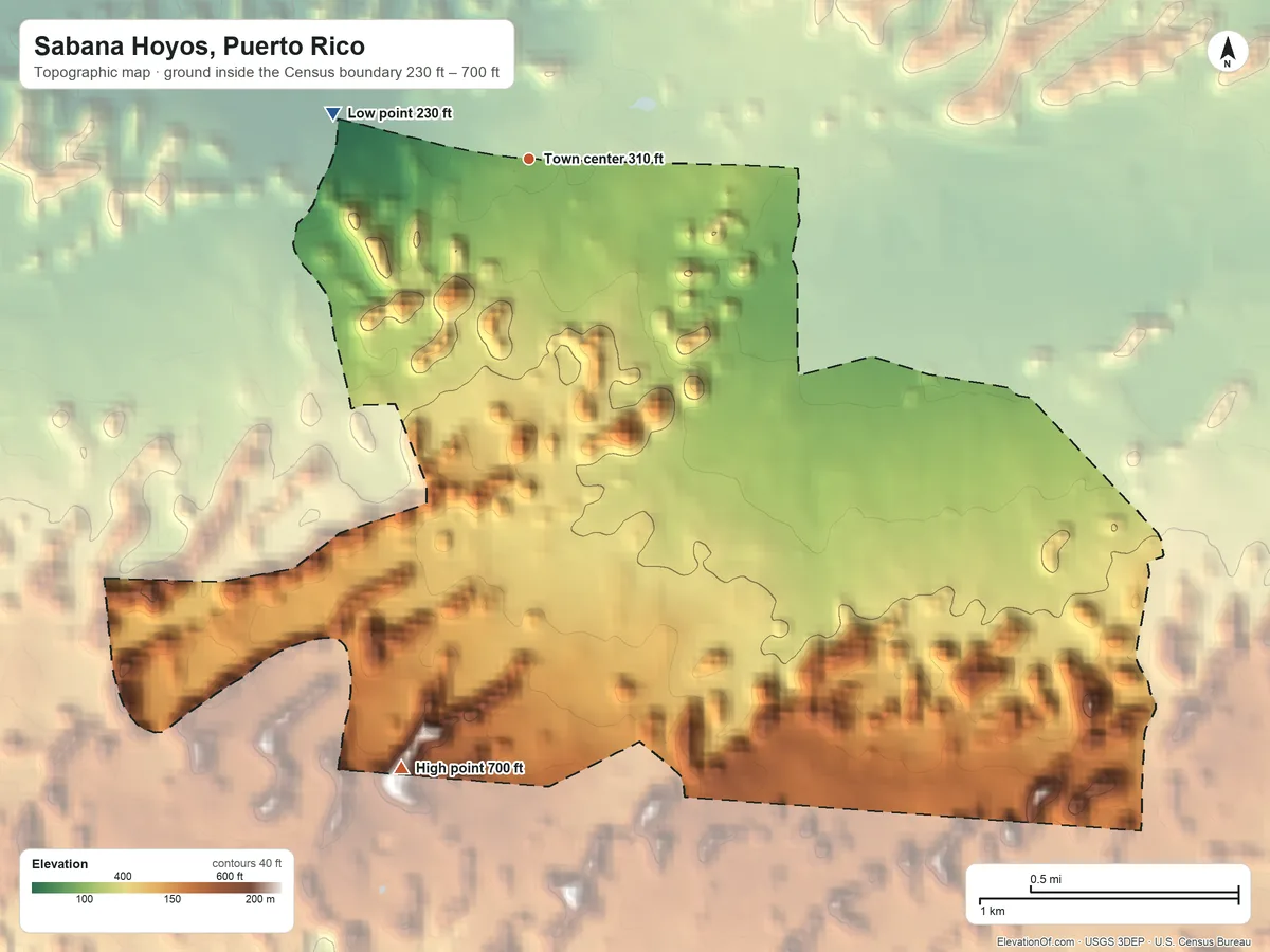 Topographic elevation map of Sabana Hoyos, Puerto Rico, shaded from 230 ft on the west side to 700 ft on the south side