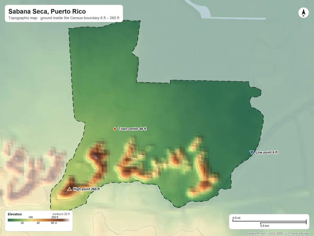 Topographic elevation map of Sabana Seca, Puerto Rico, shaded from 6 ft on the east side to 260 ft on the southwest side