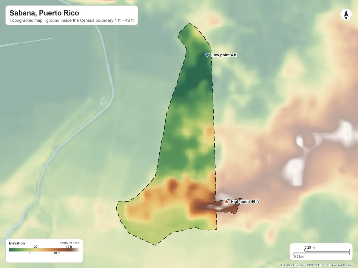 Topographic elevation map of Sabana, Puerto Rico, shaded from 4 ft on the north side to 46 ft on the east side