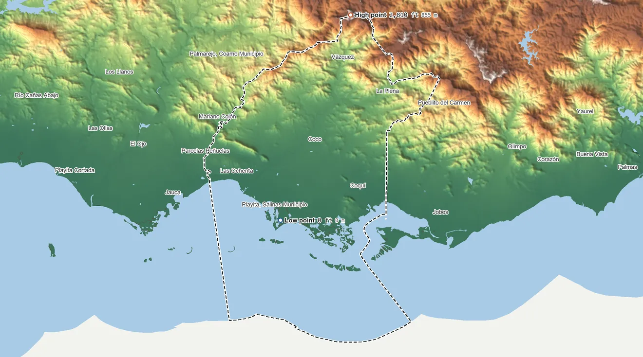 Topographic elevation map of Salinas Municipio, Puerto Rico, shaded from sea level on the Mar Caribe to 2,810 ft on the north side