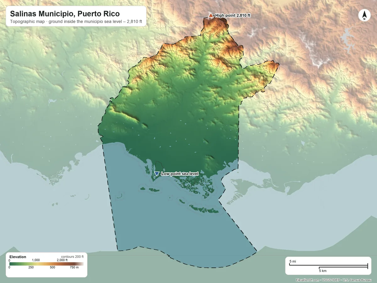 Topographic elevation map of Salinas Municipio, Puerto Rico, shaded from sea level on the Mar Caribe to 2,810 ft on the north side
