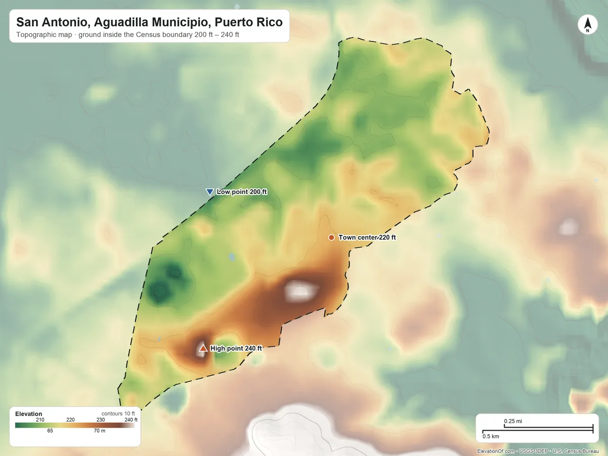 Topographic elevation map of San Antonio, Aguadilla Municipio, Puerto Rico, shaded from 200 ft on the west side to 240 ft on the southwest side
