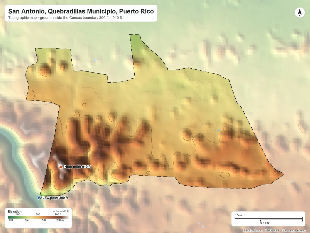 Topographic elevation map of San Antonio, Quebradillas Municipio, Puerto Rico, shaded from 300 ft on the southwest side to 910 ft on the southwest side