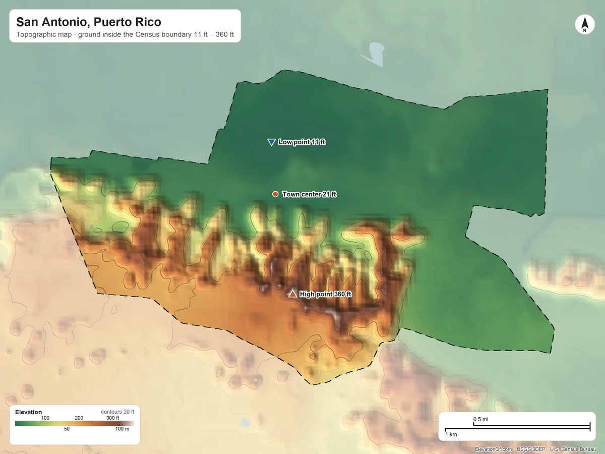 Topographic elevation map of San Antonio, Puerto Rico, shaded from 11 ft near the middle to 360 ft on the south side
