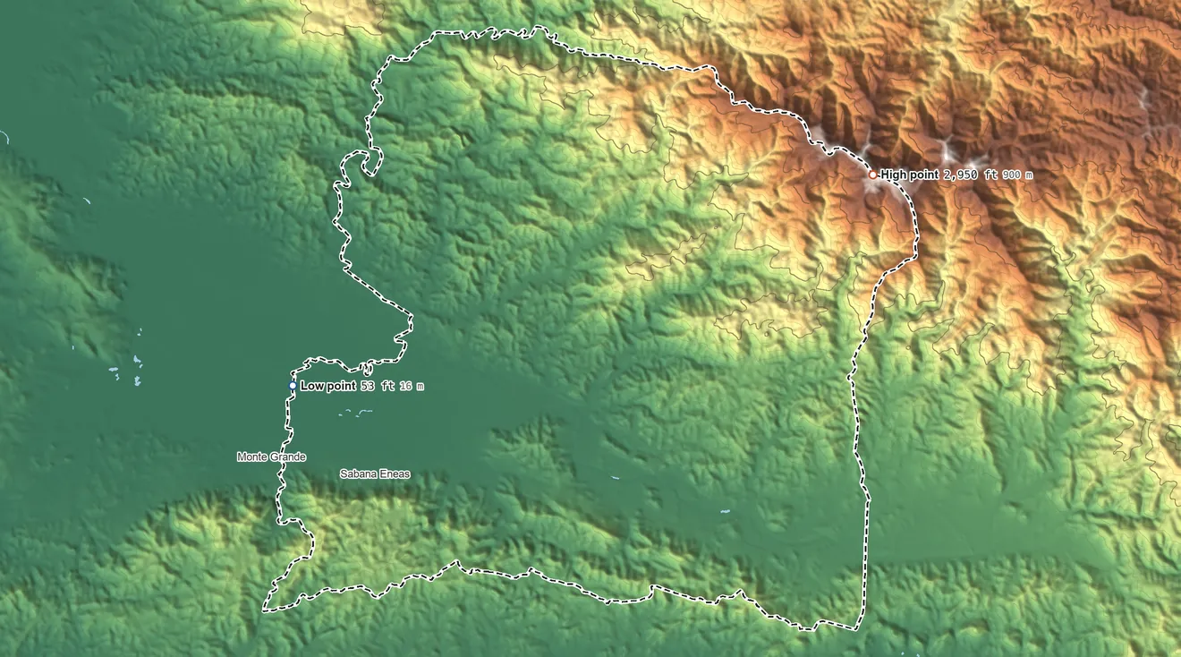 Topographic elevation map of San Germán Municipio, Puerto Rico, shaded from 53 ft on the west side to 2,950 ft on the northeast side