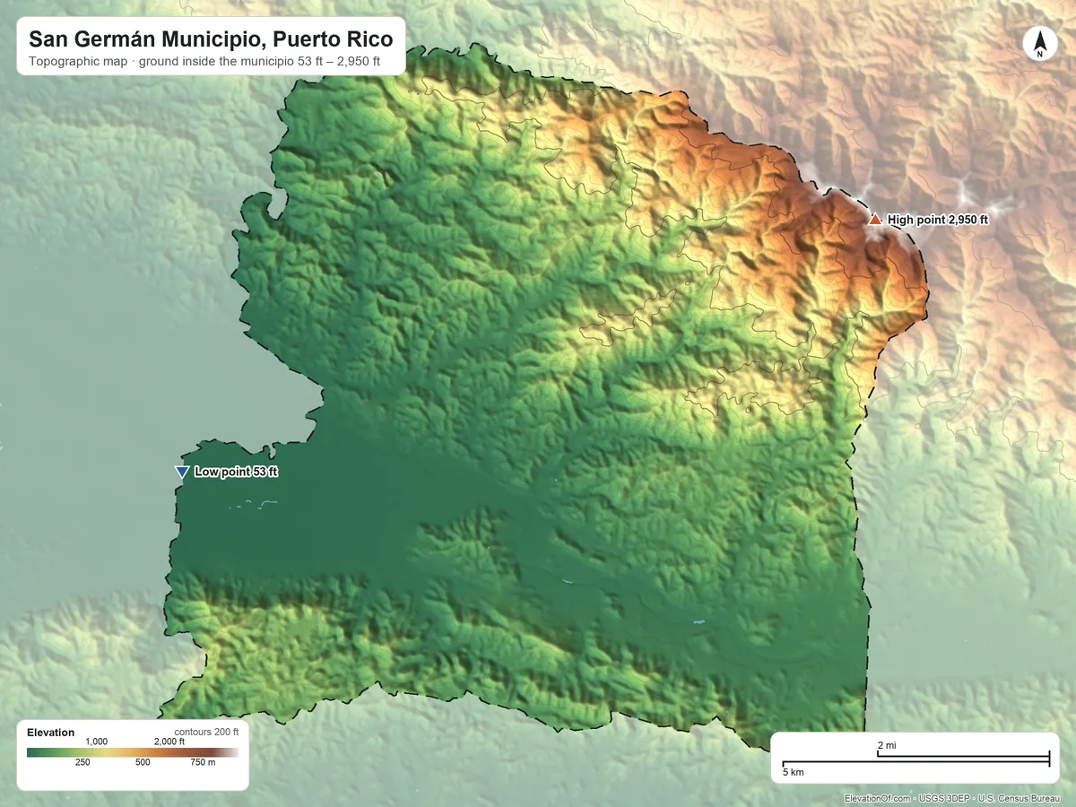 Topographic elevation map of San Germán Municipio, Puerto Rico, shaded from 53 ft on the west side to 2,950 ft on the northeast side