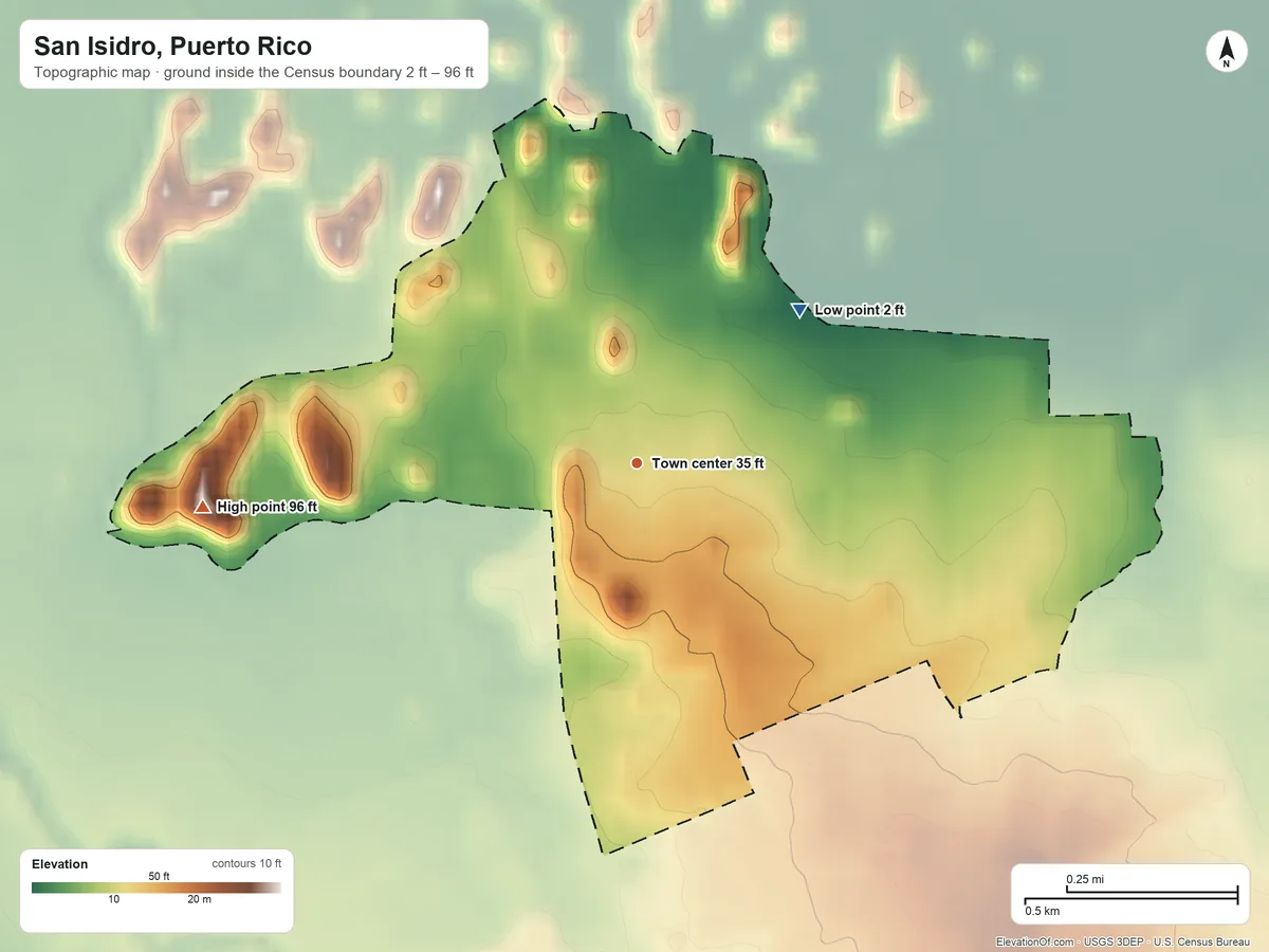 Topographic elevation map of San Isidro, Puerto Rico, shaded from 2 ft on the northeast side to 96 ft on the west side