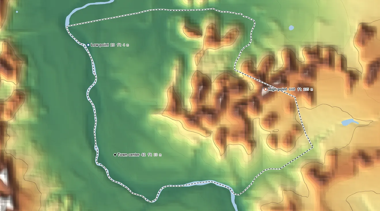 Topographic elevation map of San José, Puerto Rico, shaded from 13 ft on the north side to 440 ft on the northeast side