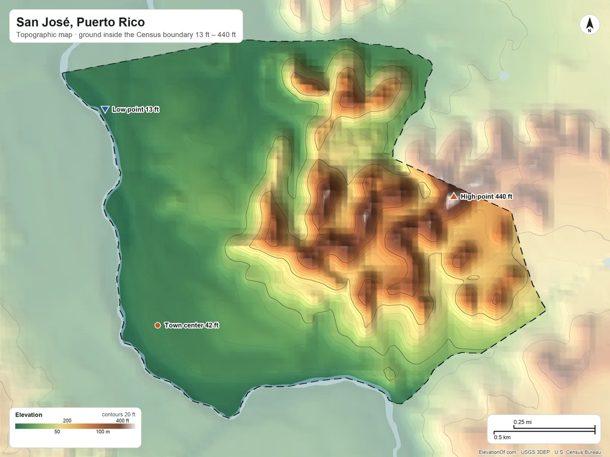 Topographic elevation map of San José, Puerto Rico, shaded from 13 ft on the north side to 440 ft on the northeast side