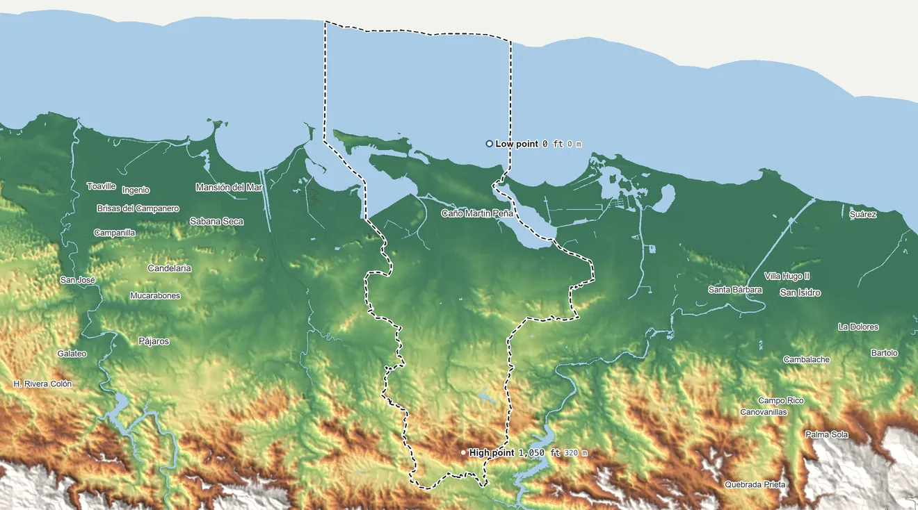 Topographic elevation map of San Juan Municipio, Puerto Rico, shaded from sea level on the Océano Atlántico to 1,050 ft on the south side