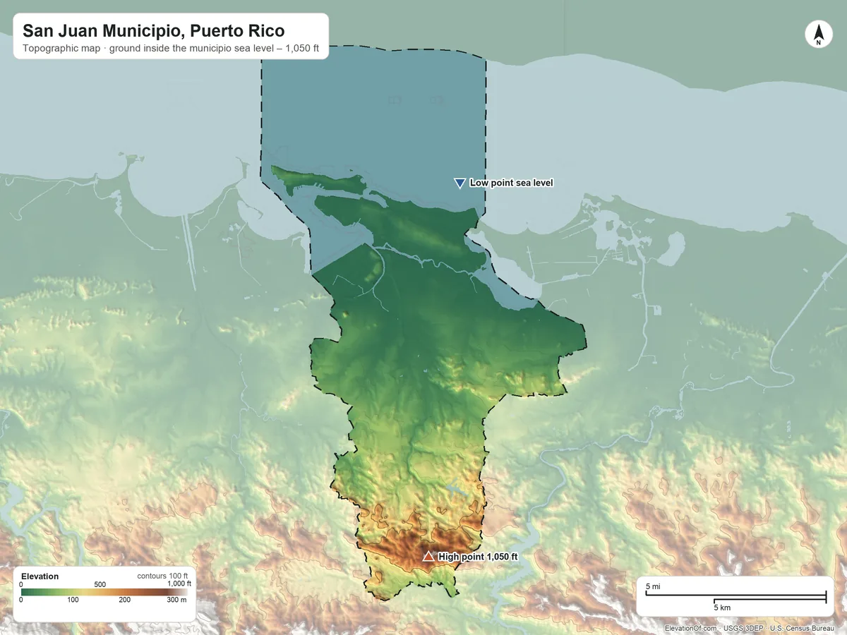 Topographic elevation map of San Juan Municipio, Puerto Rico, shaded from sea level on the Océano Atlántico to 1,050 ft on the south side
