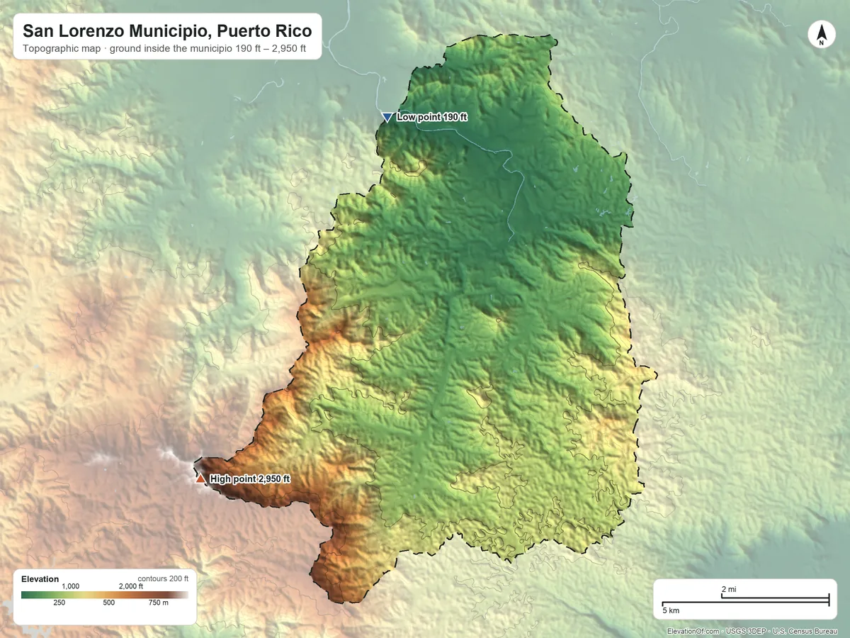 Topographic elevation map of San Lorenzo Municipio, Puerto Rico, shaded from 190 ft on the north side to 2,950 ft on Cerro La Santa