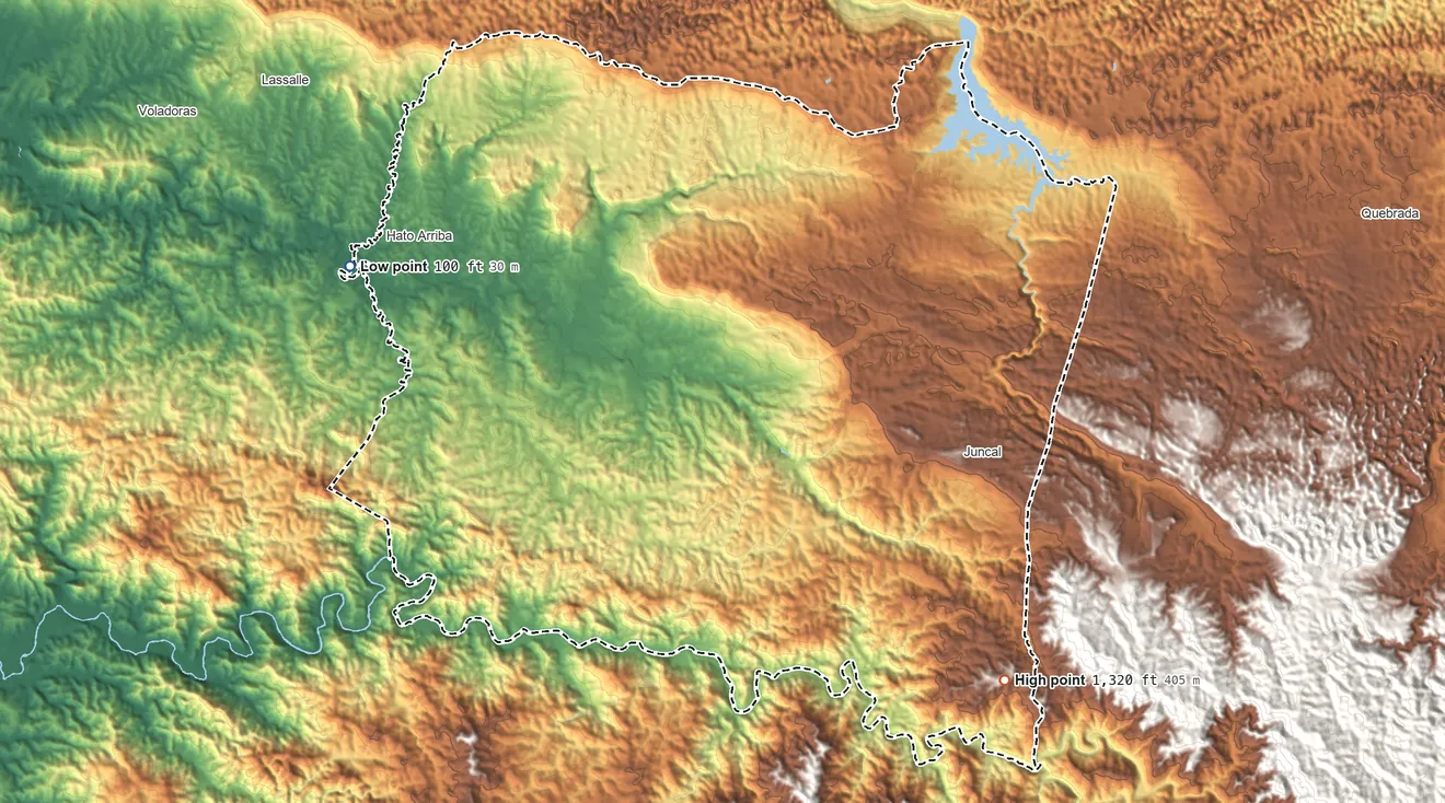 Topographic elevation map of San Sebastián Municipio, Puerto Rico, shaded from 100 ft on the west side to 1,320 ft on the southeast side