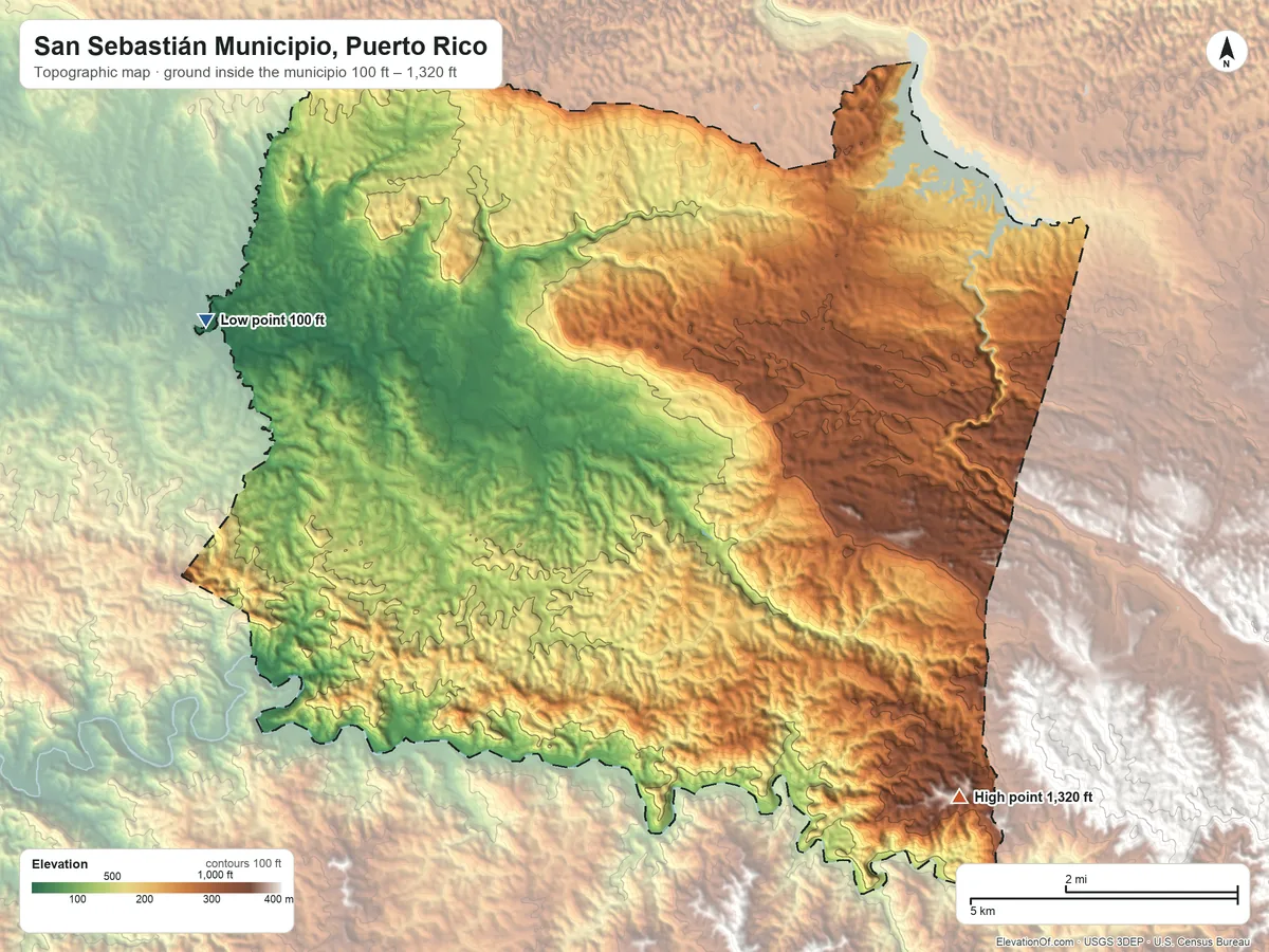 Topographic elevation map of San Sebastián Municipio, Puerto Rico, shaded from 100 ft on the west side to 1,320 ft on the southeast side