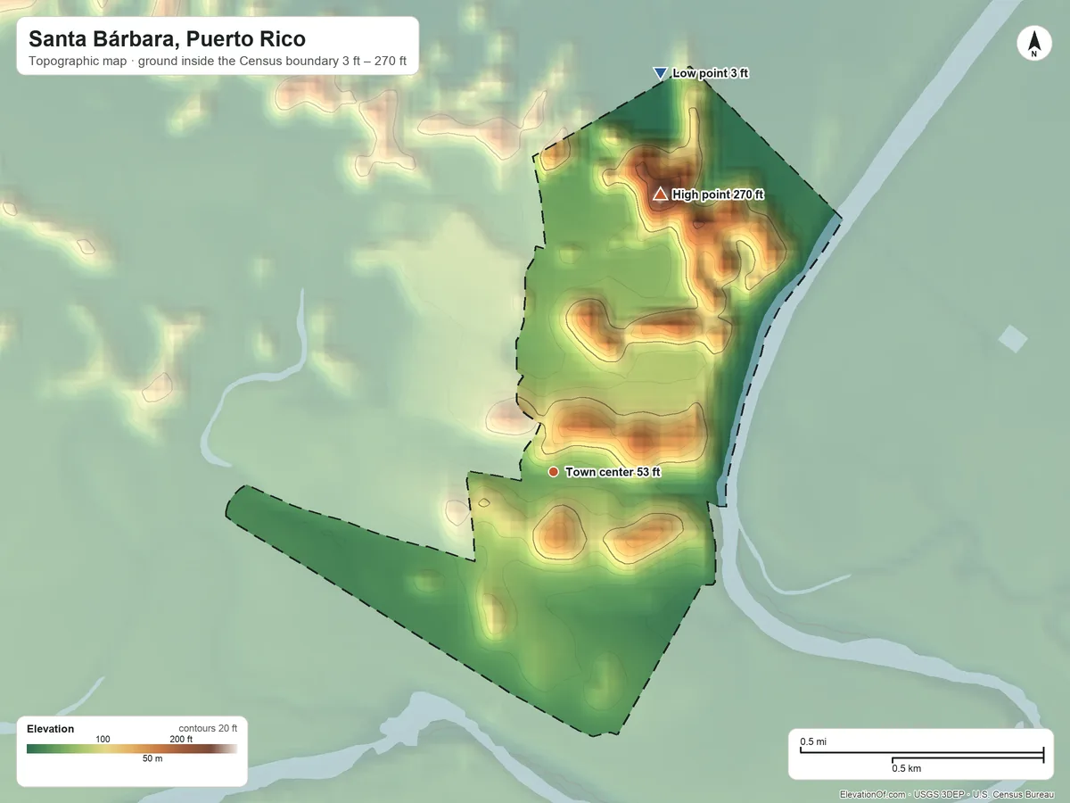 Topographic elevation map of Santa Bárbara, Puerto Rico, shaded from 3 ft on the north side to 270 ft on the north side
