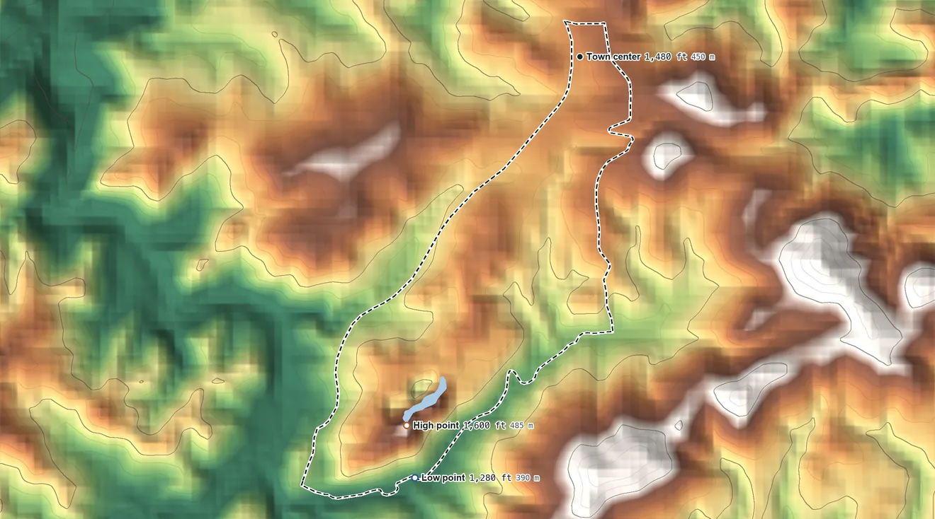 Topographic elevation map of Santa Clara, Puerto Rico, shaded from 1,280 ft on the south side to 1,600 ft on the southwest side
